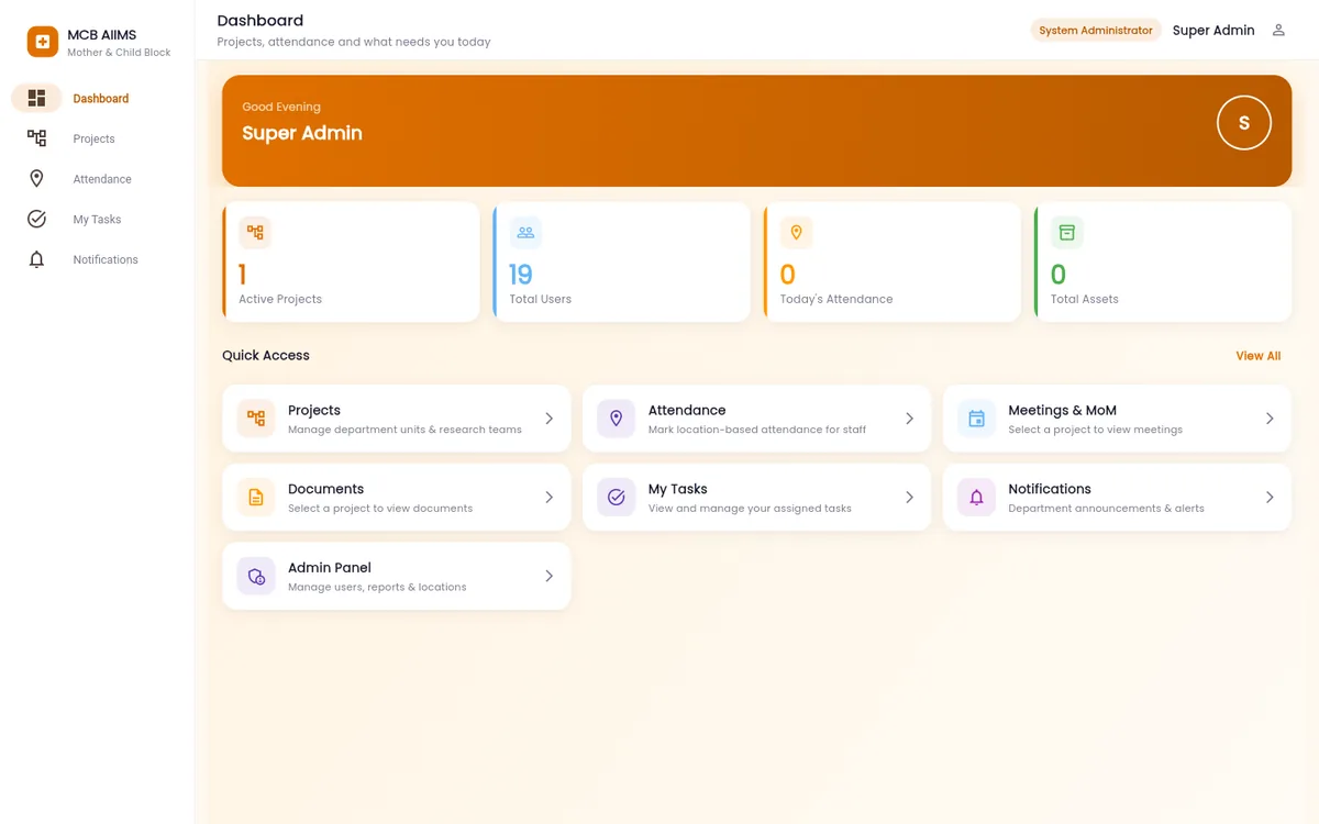 Desktop dashboard of the Mother and Child Block platform: active projects, users, today's attendance, assets and quick access