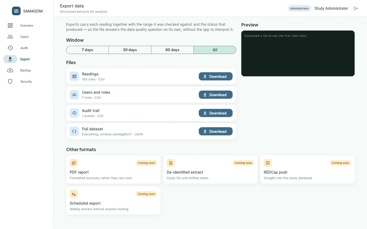 Administrator export page with time window, four export rows and a preview